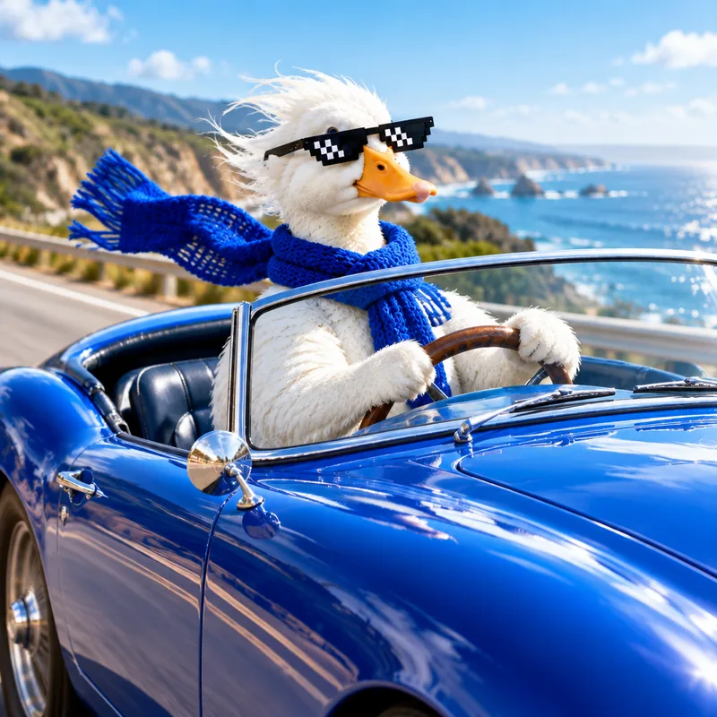 Duck driving a convertible