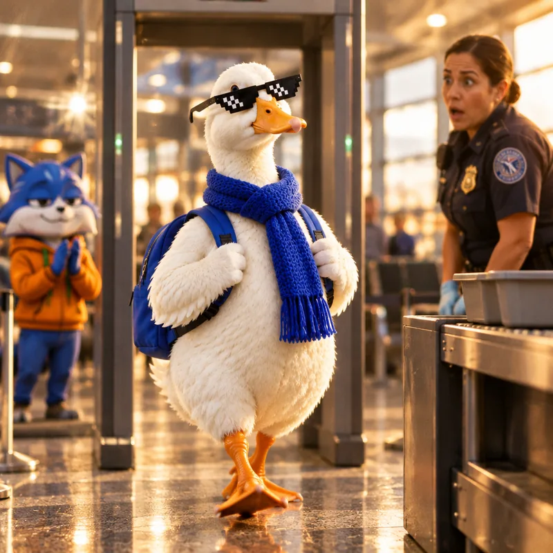 Duck walking out of airport security